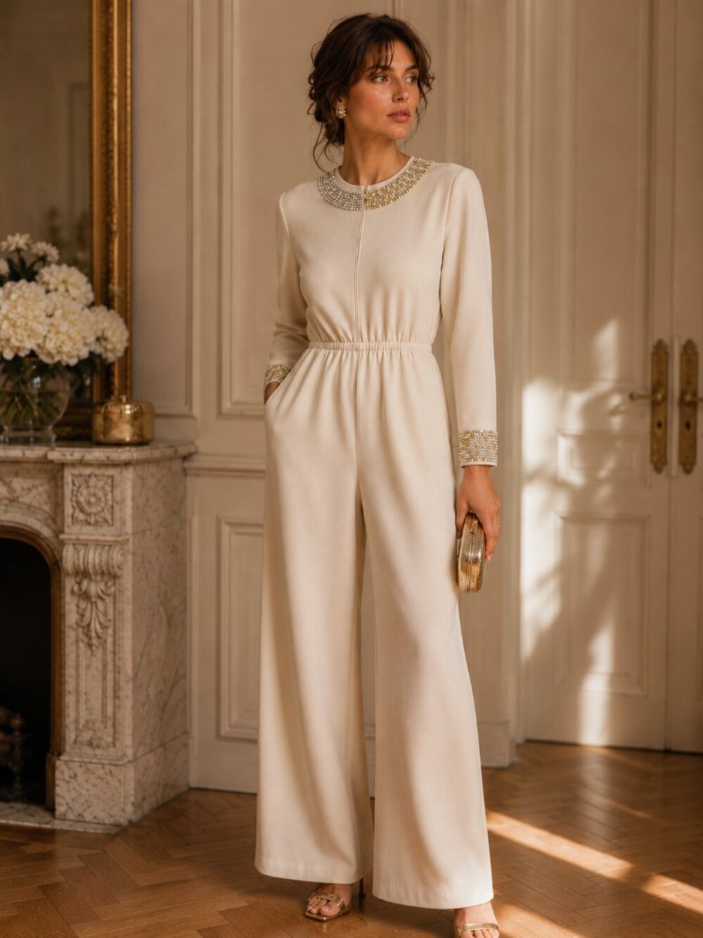 St John Santana Knit Jumpsuit Beaded Cream Gold Vintage Luxe Evening Wear